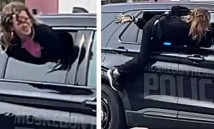 Arratisje e pabesueshme, gruaja del me sukses nga dritarja e makinës së policisë me pranga në duar (VIDEO)