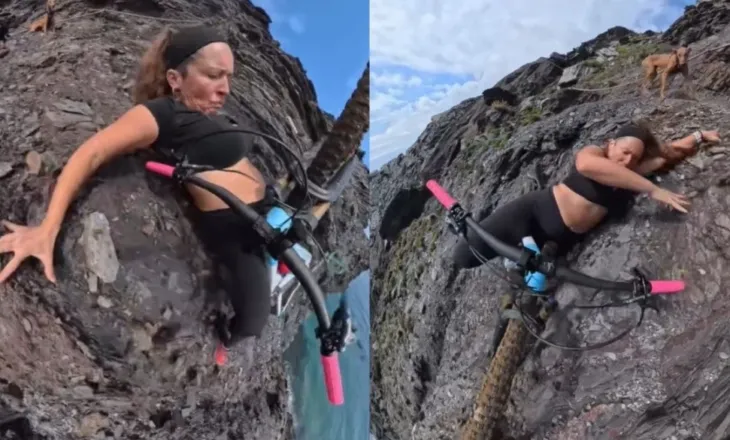 Çiklistja përjeton momente tmerri, bie nga shkëmbi për disa metra me biçikletë (VIDEO)