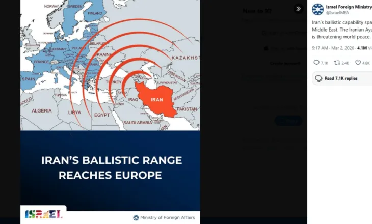“Raketat e Iranit arrijnë deri në Athinë e Vjenë”, deklarata e Ministrisë së Jashtme e Izraelit, publikojnë hartën: Kapin të gjithë Ballkanin