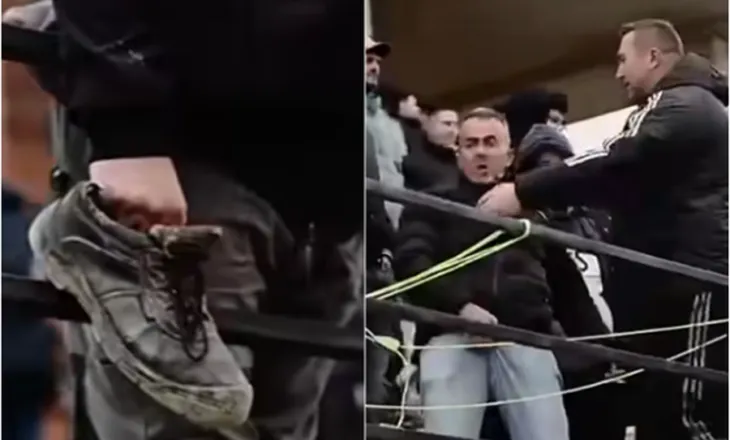 Tensione në tribunën e stadiumit, tifozi heq këpucën dhe bën gjeste të pahijshme ndaj trajnerit shqiptar (Video)