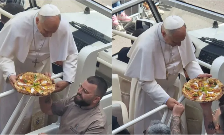Foto/ Ndodh sërish, Papa Leoni merr dhuratë një picë gjatë vizitës së tij në qytezën e vogël italiane