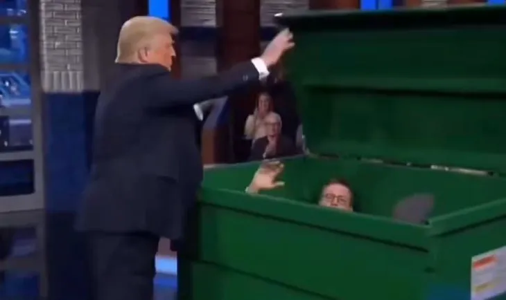 Trump sulmon sërish Colbert pas mbylljes së “The Late Show”, shpërndan video me IA duke e hedhur moderatorin në koshin e plehrave