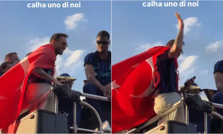 Video/ Momenti epik gjatë festimeve të titullit të Interit, Calhanoglu ‘flak’ nga autobusi fanellën e Milanit