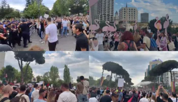 Live/ Protestuesit kundër projektit të Zvërnecit çajnë kordonin metalik dhe i drejtohen Kryeministrisë. Policia kundërpërgjigjet me ujëhedhëse
