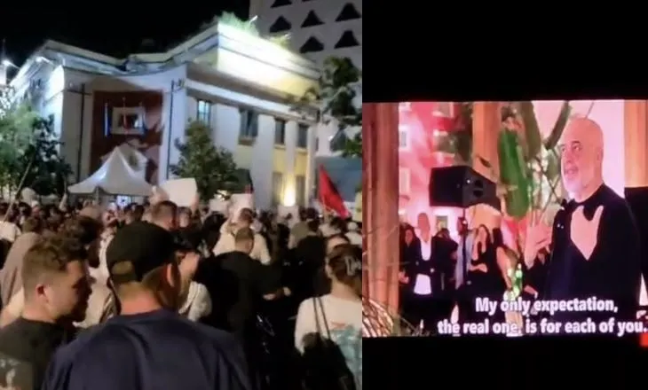 Marshimi pas protestës / Protestuesit hedhin shishe drejt ekranit ku shfaqej Rama