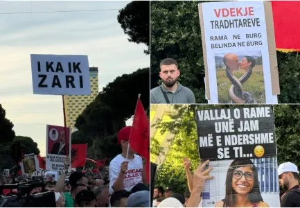 Protesta e 15-të për dorëheqjen e kryeministrit, pankartat ironike të qytetarëve: Rama n’burg, Belinda n’burg!