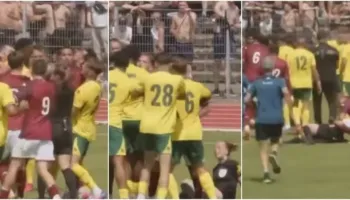Çmenduri në miqësore, sherr masiv me arbitren që përfundon në tokë. Pamje tronditëse nga fusha