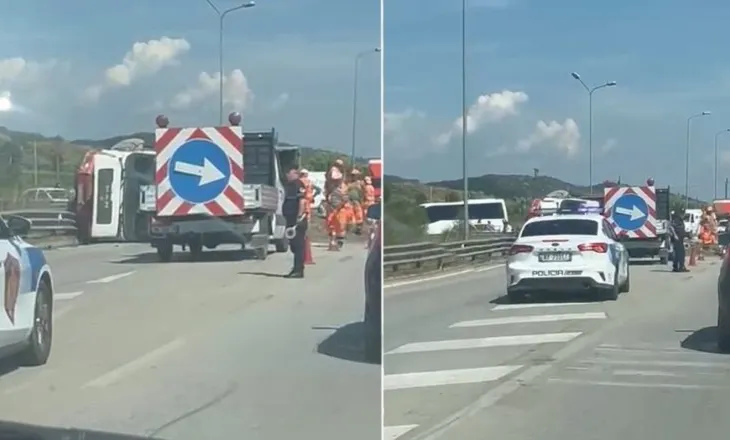 E rëndë/ Përmbyset kamioni me inerte në aksin Elbasan-Peqin, shpëton mrekullisht shoferi, vështirësohet trafiku