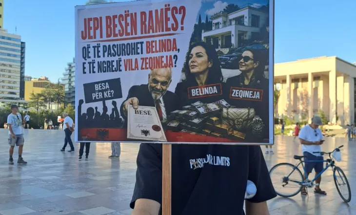 FOTO-LAJM/ “Jepi besën Ramës, të pasurohet Belinda e të ngrejë vila Zeqineja”! Pankartat pikante godasin kryeministrin