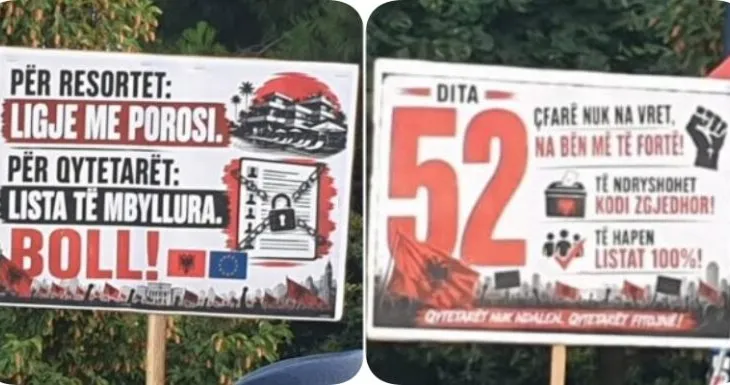 FOTO-LAJM/ Revolta e 52 kundër qeverisë, mesazhet pikante nëpërmjet pankartave, shqiptarët kërkojnë largimin e Ramës