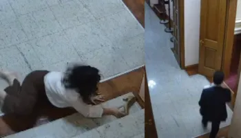 Momenti kur punonjësja e Kuvendit rrëzohet nga shkallët duke ndjekur Shehajn