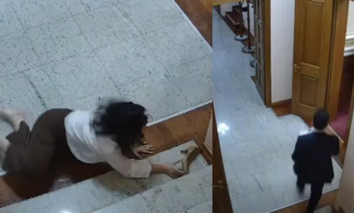Momenti kur punonjësja e Kuvendit rrëzohet nga shkallët duke ndjekur Shehajn