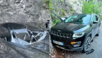Shmanget tragjedia/ Guri masiv bie mbi një makinë në rrugën e Dukagjinit, shpëtojnë mrekullisht turistët