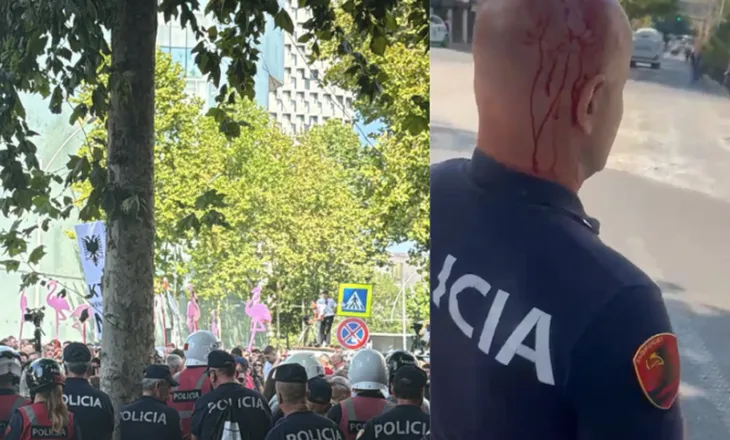 VIDEOLAJM / Protestuesit sulmojnë me gurë Policinë, plagoset në kokë një efektiv
