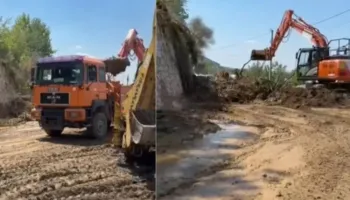 Aksi Elbasan-Cërrik i bllokuar prej orësh, çahet kanali vaditës, uji dhe dherat pushtojnë rrugën
