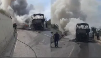 Digjet autobusi pranë kalasë së Beratit, tymi mbulon zonën