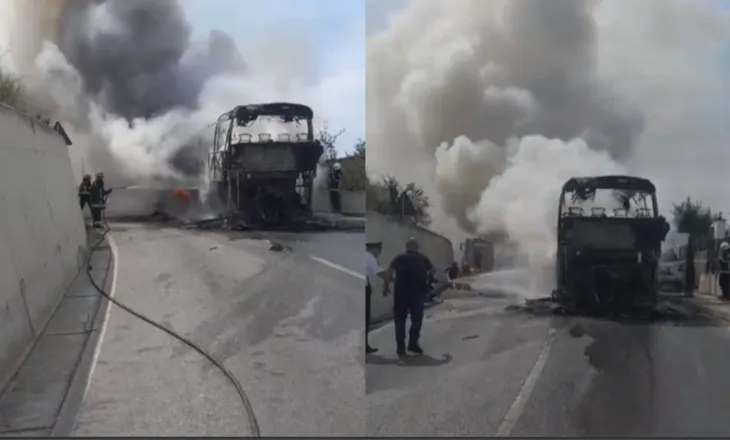 Digjet autobusi pranë kalasë së Beratit, tymi mbulon zonën