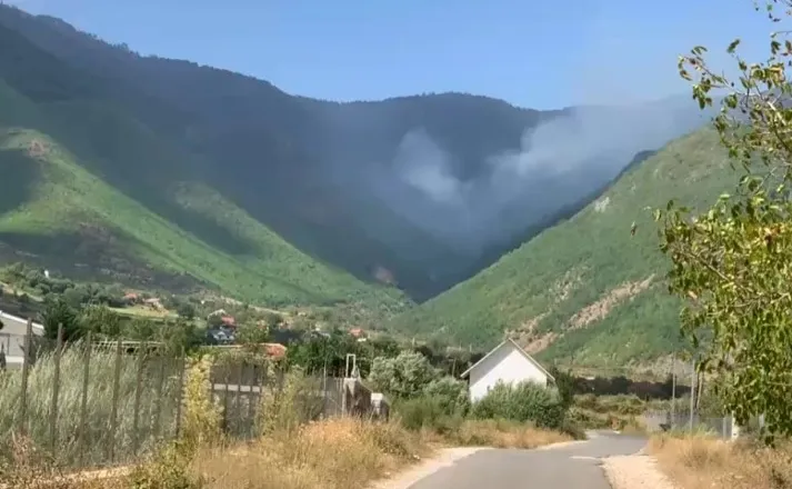 Riaktivizohet zjarri në malin e “Qafë Helmesit”, era favorizon flakët që po i afrohen fshatit Koçaj! Banorët kërkojnë ndërhyrje nga ajri