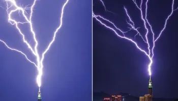 VIDEO/ Pamje magjike, momenti kur rrufeja godet Kullën e Sahatit në Mekë