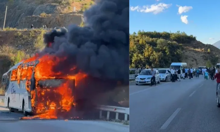 Kaos dhe panik/ Autobusi merr flakë, turistët zbresin të alarmuar