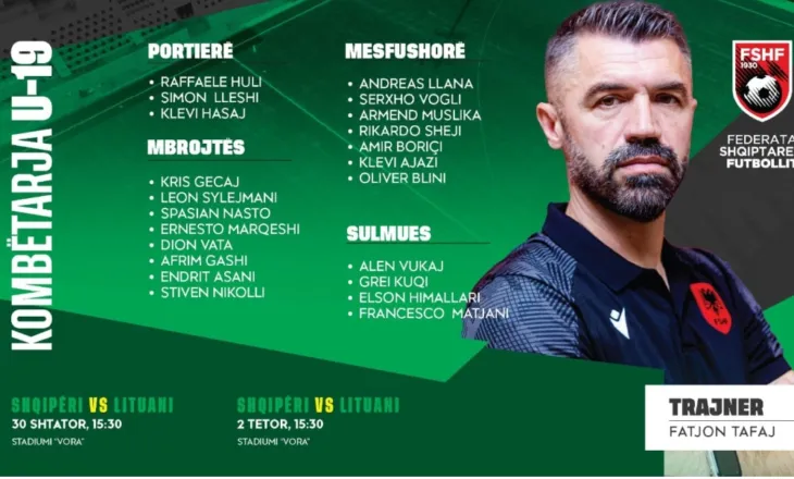 Miqësoret e Kombëtares U-19 kundër Lituanisë / Trajneri Fatjon Tafaj fton 22 lojtarë