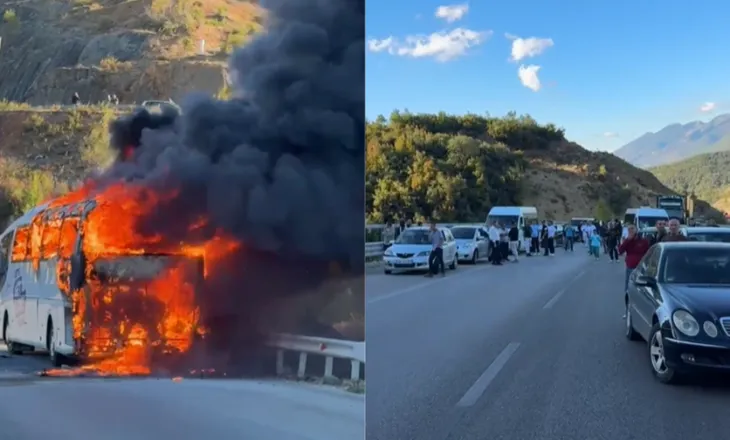 Shpërthen në flakë autobusi në hyrje të tunelit të Elbasanit, bllokohet rruga