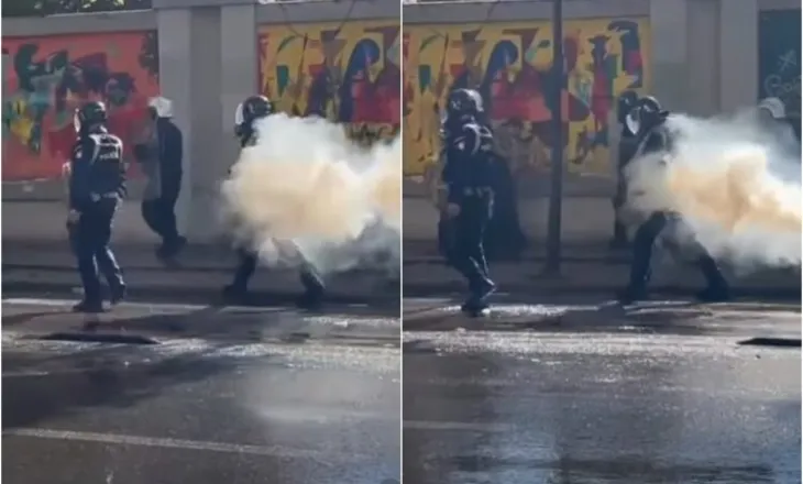 Incidenti në protestë, policit i shpërthen gazi lotsjellës në çantën e shpinës
