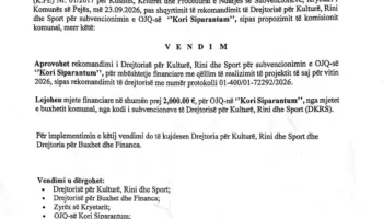 Kori “Siparantum” kundërshton mbështetjen prej 2,000 eurosh nga Komuna e Pejës për vitin 2026