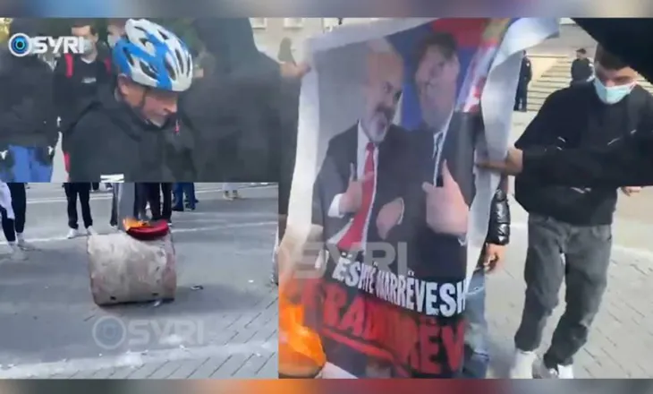 ‘Nuk ka dialog’/ Studentët djegin shiltet e karrigeve prej guri dhe foton e Ramës me padronin e tij, Vuçiç