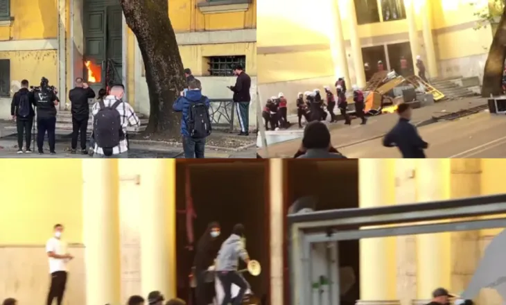 Protestuesit futen tek Ministria e Financave, nxjerrin sende jashtë dhe i vihet zjarri godinës