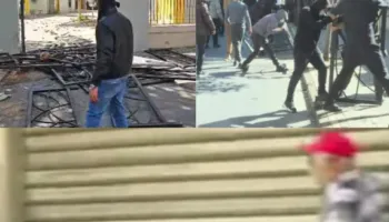 Studentët shkulin sërish kangjellat dhe gjuajnë me pllaka guri, Policia qëndron brenda godinës. Bizneset ulin qepenat