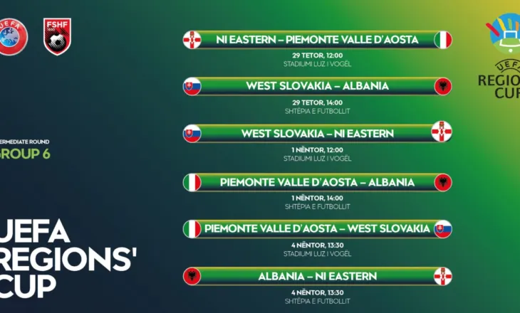 UEFA Regions’ Cup 2026-2027. Shqipëria do të jetë mikpritëse e ndeshjeve të grupit 6. Ja kalendari