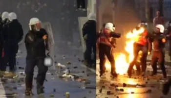 Video/ Molotovët e protestuesve djegin policin (pamje të rënda)