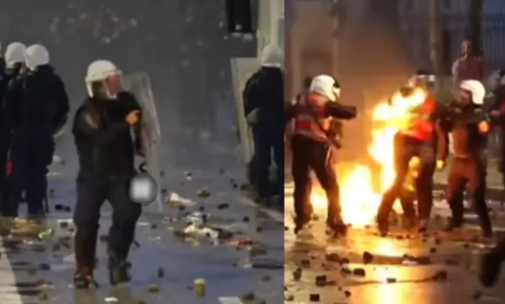 Video/ Molotovët e protestuesve djegin policin (pamje të rënda)